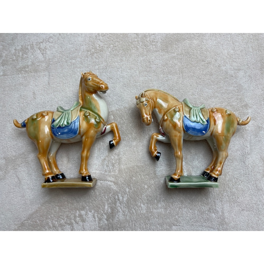 Vintage Chinese Tang Style War Horse Figurines Set of 2 Sancai Glazed Figurine